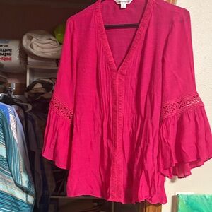 Counterparts Hot Pink Crochet-Trim Bell Sleeve Tunic
